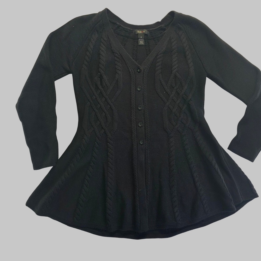 Med Black Cable‎ Knit Peplum Cardigan Sweater Fairycore Whimsy goth flare
